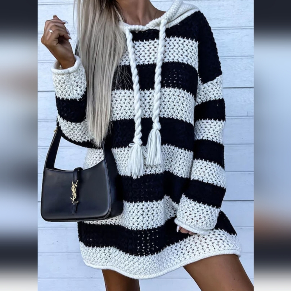 Black and white striped braided tassel hoodie dress